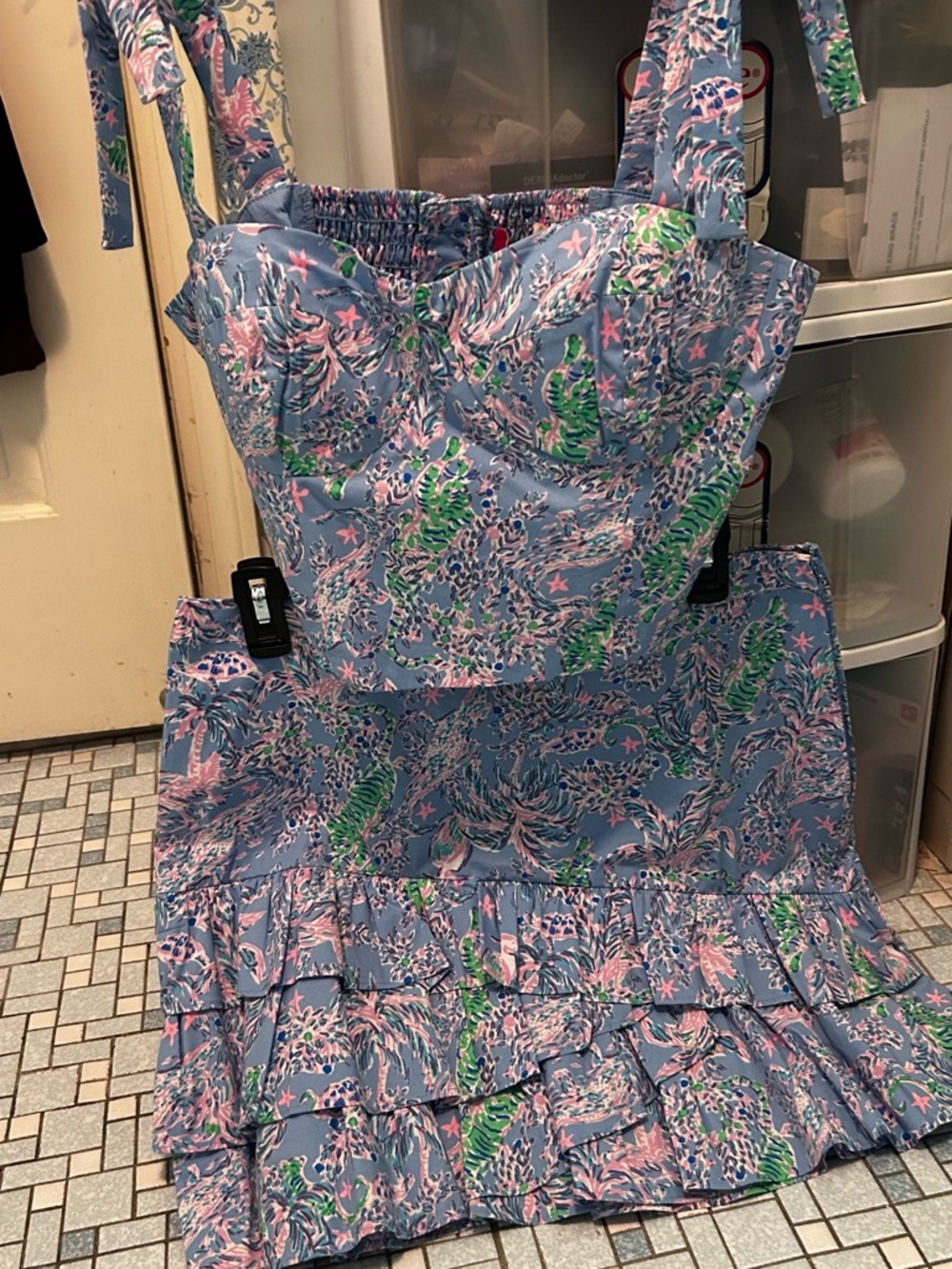 NWT- Lilly Pulitzer Sky Blue Floral print 2-piece crop top w/matching skirt S-10